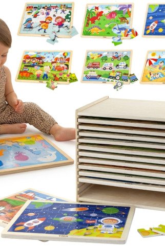 Viga Medinis Puzzle Rinkinys 12 puzzled, po 24 dalius, ant stendo Viga Medinis Puzzle Rinkinys 12 puzzled, po 24 dalius, ant stendo