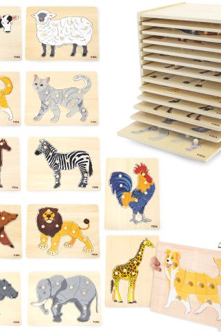 VIGA Medinis galvosūkis su rinkiniu 12 Montessori gyvūnų galvosūkių + stovas VIGA Medinis galvosūkis su rinkiniu 12 Montessori gyvūnų galvosūkių + stovas