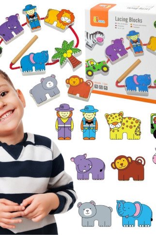 VIGA mediniai siuvimo blokai Safari ZOO Montessori VIGA mediniai siuvimo blokai Safari ZOO Montessori