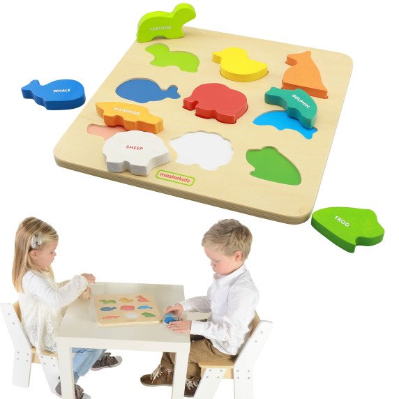 MASTERKIDZ Medinis formų rūšiavimo su spalvingais gyvūnais Montessori