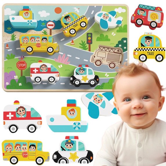 TOOKY TOY Mediniai Montessori galvosūkiai Transporto priemonės Automobiliai Lėktuvas Laivas Miestas Atitikimas Formos