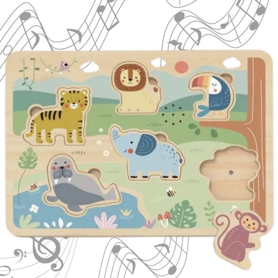 TOOKY TOY Medinis galvosūkis Montessori interaktyvus garsinis galvosūkis Laimingieji gyvūnai savanoje
