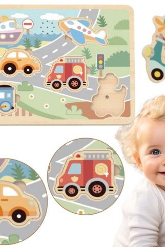 Medinis interaktyvus Tooky Toy dėlionės transporto priemonės