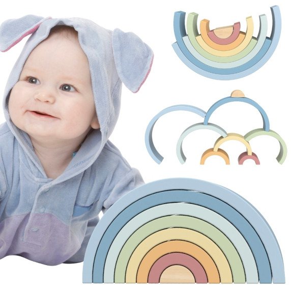 TOOKY TOY Pastel Puzzle mediniai Montessori vaivorykštės blokai