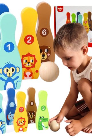 TOOKY TOY Mediniai boulingo kamuoliukai vaikams 6 vnt. + Kamuoliukas TOOKY TOY Mediniai boulingo kamuoliukai vaikams 6 vnt. + Kamuoliukas