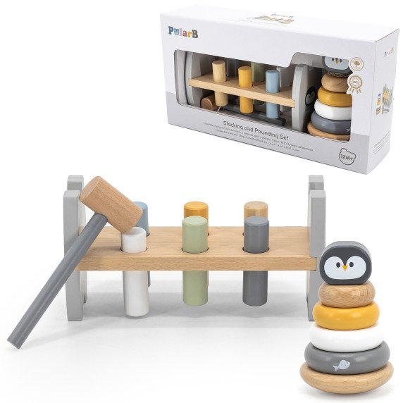VIGA PolarB rinkinys medinis piramidė su pingvino plaktuku Montessori