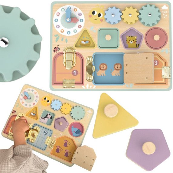 TOOKY TOY Manipuliacinis lenta su spynomis, žiedais, raktu, dėžutėmis, rodyklėmis ir laikrodžiu.