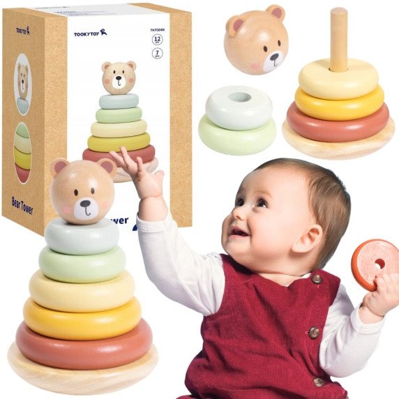 TOOKY TOY medinis pojūčių galvosūkis piramidės formos su meškiuku pojūčių spalvingas sukonstruotojas