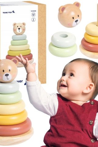 TOOKY TOY medinis pojūčių galvosūkis piramidės formos su meškiuku pojūčių spalvingas sukonstruotojas TOOKY TOY medinis pojūčių galvosūkis piramidės formos su meškiuku pojūčių spalvingas sukonstruotojas
