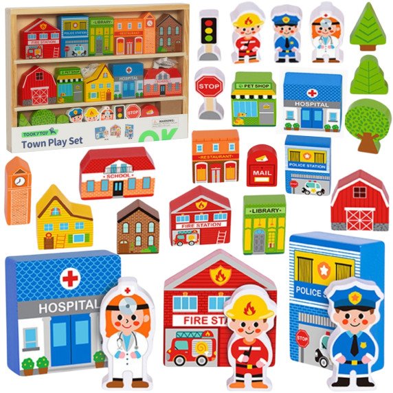 TOOKY TOY Medinis Pastatų ir Figūrų Miesto Rinkinys