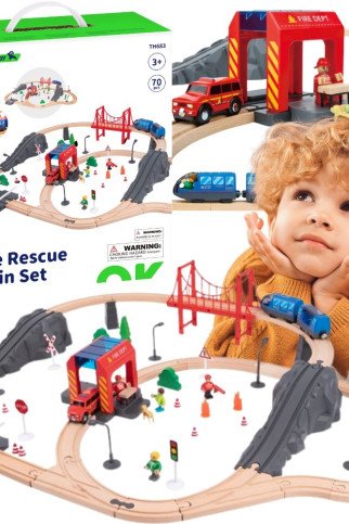 Tooky Toy Medinis Elektrinis Traukinys Gaisrinės Gelbėjimo Pareigūnų Garso Efektai 70 vnt. FSC