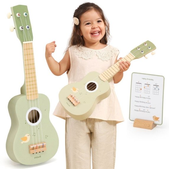 Viga Medinis Ukulelės Gitara vaikams Žalia su Muzikiniais Simboliais