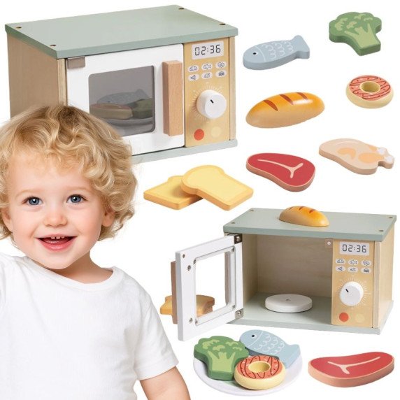 Medinis mikrobangų krosnis su maisto rinkiniu iš medžio TOOKY TOY