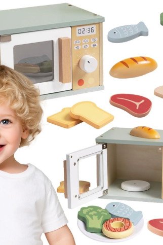 Medinis mikrobangų krosnis su maisto rinkiniu iš medžio TOOKY TOY Medinis mikrobangų krosnis su maisto rinkiniu iš medžio TOOKY TOY
