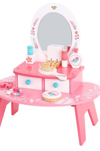 TOOKY TOY Rožinis medinis makiažo staliukas su veidrodžiu TOOKY TOY Rožinis medinis makiažo staliukas su veidrodžiu