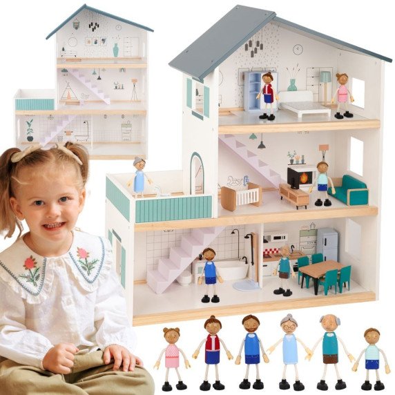 TOOKY TOY Didelis medinis lėlių namas + FSC figūrėlės