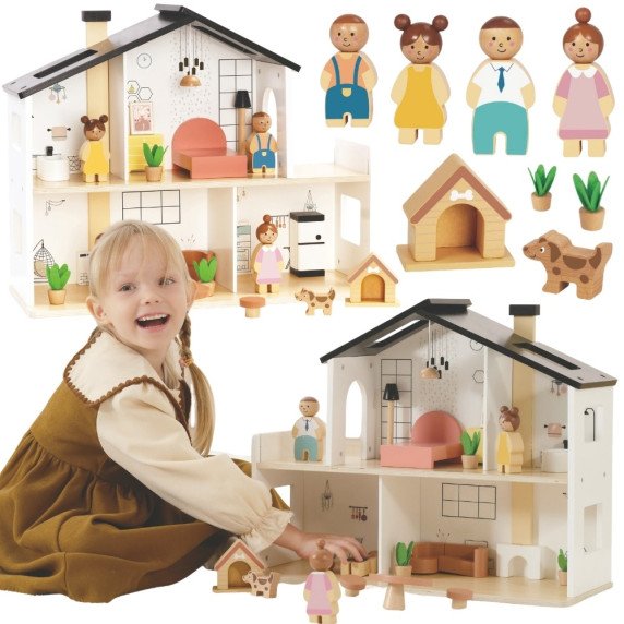 TOOKY TOY Medinis Lėlių namelis su priedais ir šeima 20 vnt.