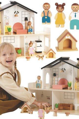 TOOKY TOY Medinis Lėlių namelis su priedais ir šeima 20 vnt. TOOKY TOY Medinis Lėlių namelis su priedais ir šeima 20 vnt.