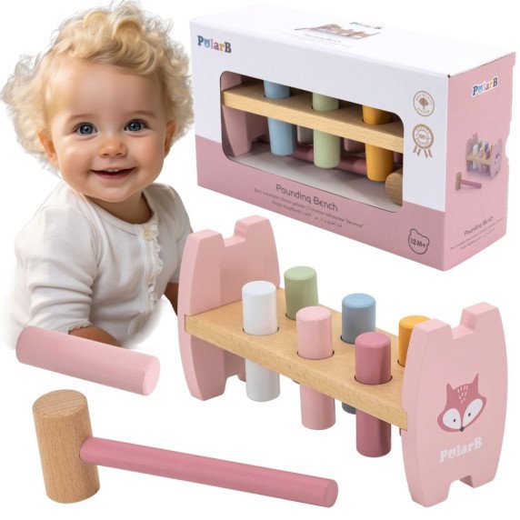 Viga PolarB medinė smūginė žaisliukų su plaktuku lapė Montessori