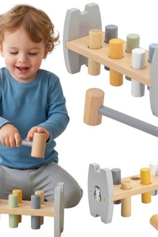 Viga PolarB medinis pingvinas Montessori plaktukas smūgiui Viga PolarB medinis pingvinas Montessori plaktukas smūgiui