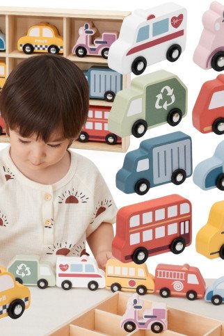 VIGA Medinis komplektas su įvairių spalvų miesto transporto priemonėmis 9 vnt. VIGA Medinis komplektas su įvairių spalvų miesto transporto priemonėmis 9 vnt.