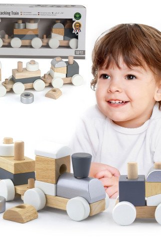VIGA Spalvingas traukinukas su stumiamais vagonėliais VIGA Spalvingas traukinukas su stumiamais vagonėliais