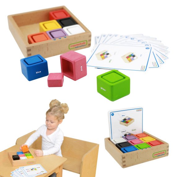MASTERKIDZ Puodeliai ir Kvadratiniai Blokeliai Mediniai Žaislai Montesori Spalvų Rūšiavimo Žaidimui