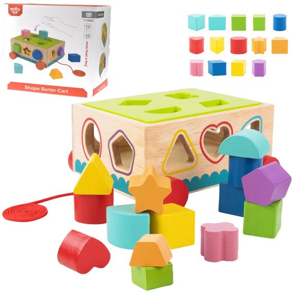 TOOKY TOY Medinis rūšiavimo vežimėlis su blokais 16 vnt.