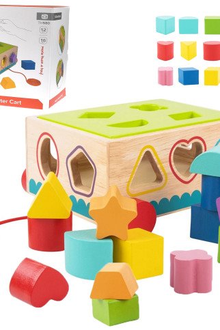 TOOKY TOY Medinis rūšiavimo vežimėlis su blokais 16 vnt. TOOKY TOY Medinis rūšiavimo vežimėlis su blokais 16 vnt.