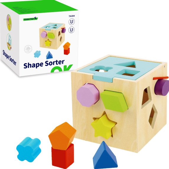 TOOKY TOY Medinis rūšiavimo kubas su spalvotais raštais 13 vnt.