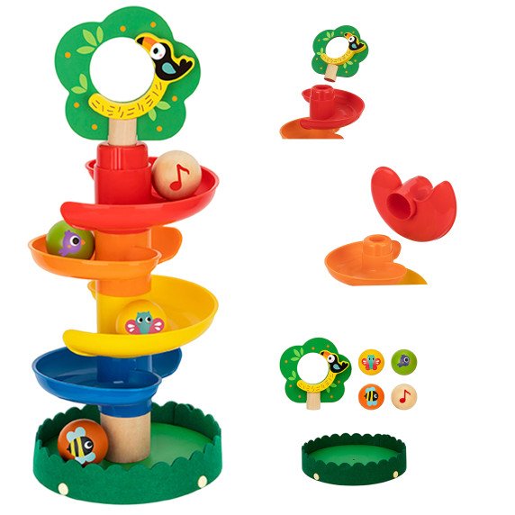 Tooky Toy Medinis kamuolių takelis su gyvūnais Spiralinis kamuolių takelis + 4 kamuoliai