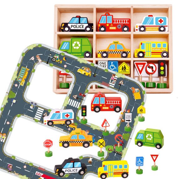 TOOKY TOY automobilių kelio galaktikos galvosūkiai + transporto priemonės automobiliai kelio ženklai