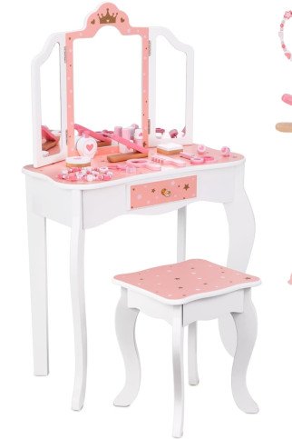 TOOKY TOY Medinis Stalas su Kėdė, Sulankstantis Veidrodis, Priedai, 15 vnt. TOOKY TOY Medinis Stalas su Kėdė, Sulankstantis Veidrodis, Priedai, 15 vnt.
