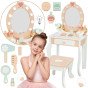 Medinis tualetinis stalas TOOKY TOY su kėdė, priedais, veidrodžiu su LED apšvietimu ir kosmetika