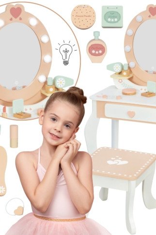 Medinis tualetinis stalas TOOKY TOY su kėdė, priedais, veidrodžiu su LED apšvietimu ir kosmetika Medinis tualetinis stalas TOOKY TOY su kėdė, priedais, veidrodžiu su LED apšvietimu ir kosmetika