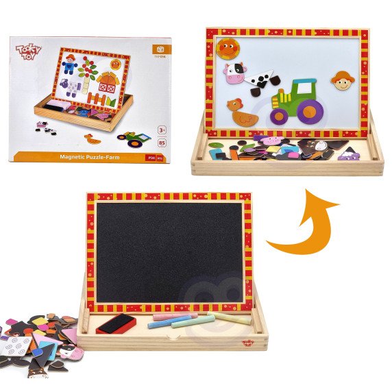 TOOKY TOY Medinis dvipusis galvosūkio lenta Magnetinis galvosūkis ūkininkystės tema
