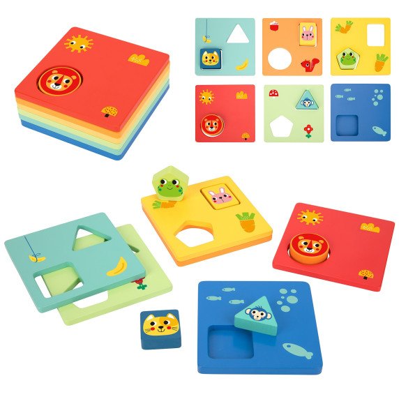 TOOKY TOY Montessori dėlionė Formos ir Spalvų Gyvūnai 6 Lentos FSC