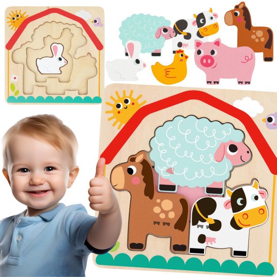 TOOKY TOY Medinis Montesori galvosūkis daugiasluoksnis lentoje Gyvūnai ūkyje 7 vnt.