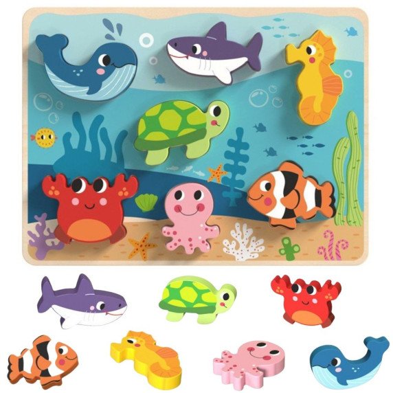 TOOKY TOY medinis Montessori galvosūkis Jūrų pasaulis žuvis Vėrinys želmuo