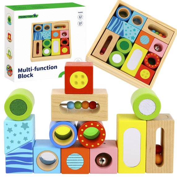 TOOKY TOY Mediniai dėžutės pojūčių blokai Daugiafunkciniai puzzle formos garsas, lietimas 12 vnt.
