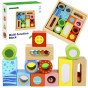TOOKY TOY Mediniai dėžutės pojūčių blokai Daugiafunkciniai puzzle formos garsas, lietimas 12 vnt.