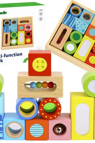 TOOKY TOY Mediniai dėžutės pojūčių blokai Daugiafunkciniai puzzle formos garsas, lietimas 12 vnt.