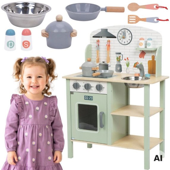 TOOKY TOY Žalia Medinė Virtuvė su Priedais