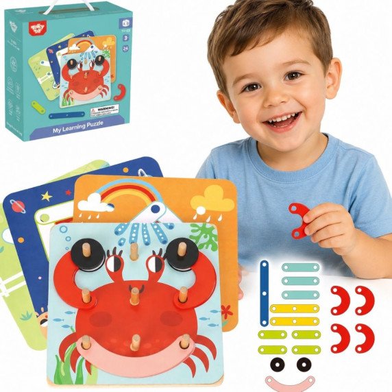 TOOKY TOY Mediniai galvosūkiai Blokai smeigtukai Gyvūnų raštai kuriami sertifikuoti pagal FSC