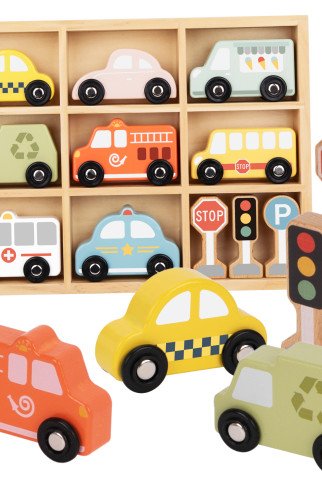 TOOKY TOY rinkinys iš medinių transporto priemonių ir eismo ženklų dėžutėje