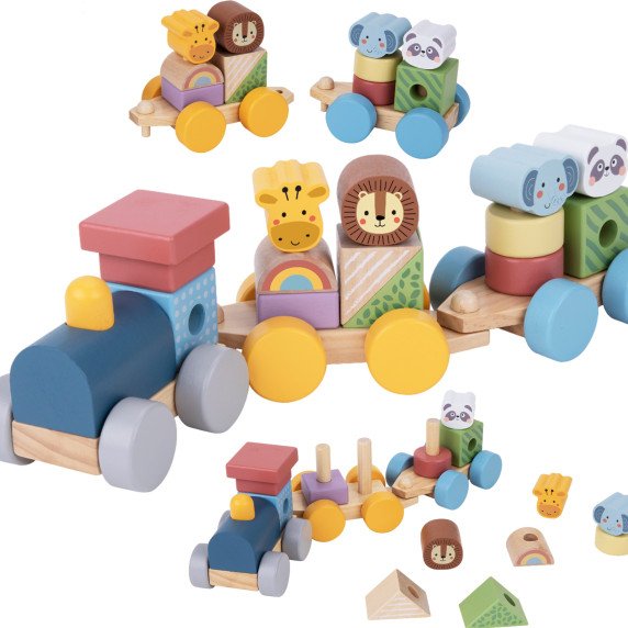 TOOKY TOY Medinis traukinys su gyvūnų blokais Montessori galvosūkiui