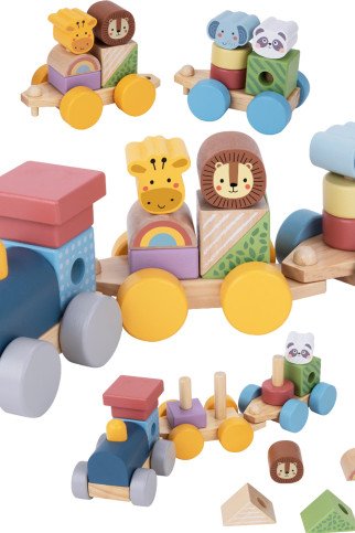 TOOKY TOY Medinis traukinys su gyvūnų blokais Montessori galvosūkiui