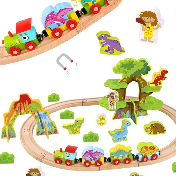 TOOKY TOY Medinis Magnetinis Traukinys Su Dinozaurais + Figūromis