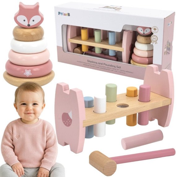 kopija VIGA PolarB medinis piramidės + smūginys su plaktuku rinkinys Montessori lapė