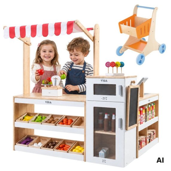 VIGA Medinis Supermarketas Vaikų Parduotuvės Rinkinys su vežimėliu ir Kasa